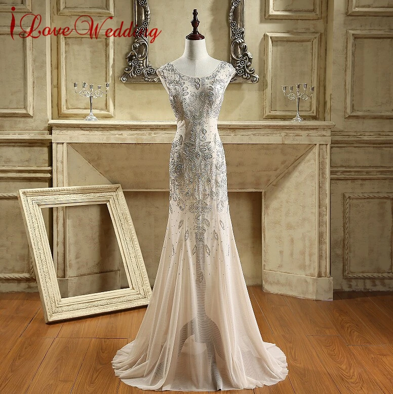 

iLoveWedding New Long Evening Dresses With Crystals Beading O Neckline Mermaid Prom Dress 2017 Champagne Women Night Gowns CY008