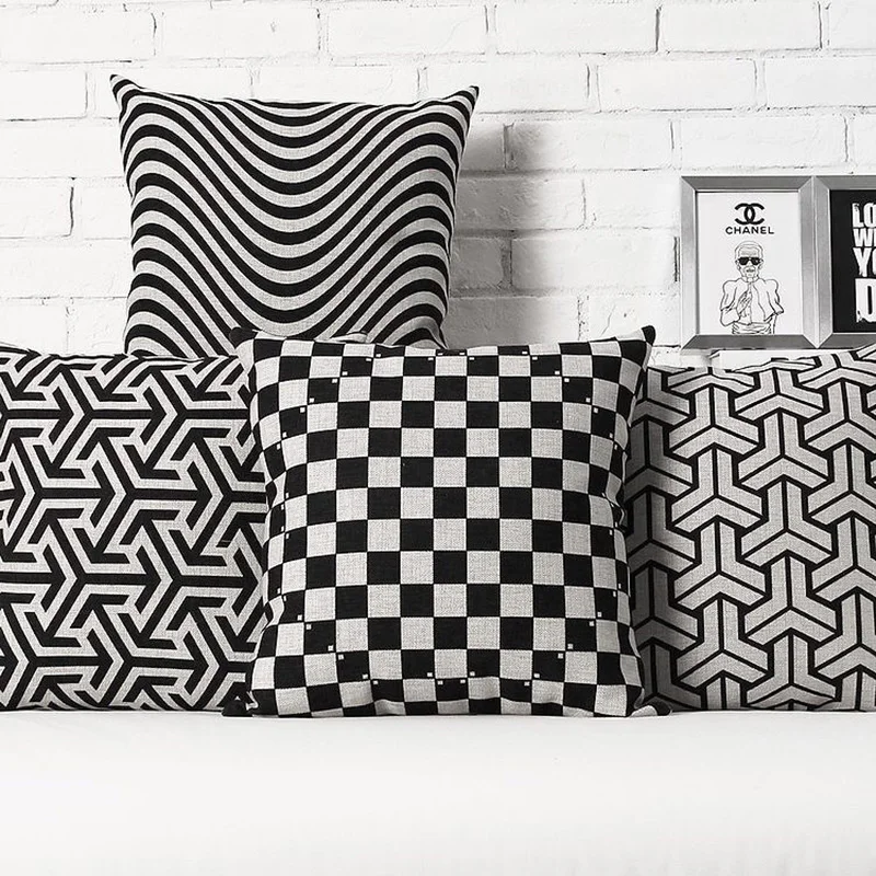 Black And White 3D Geometry Cotton Linen Throw Pillow Case Cushion