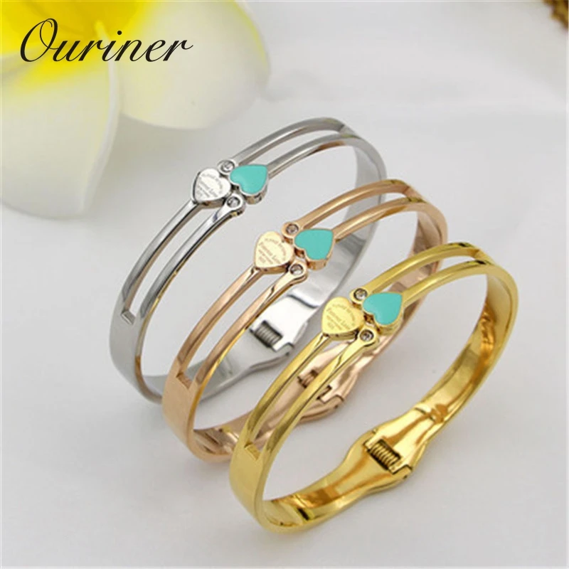 

Letter "Forever Love" Double Heart Charms Bangle Jewelry Resin Green Bangles & Bracelets Women Couple Crystal Cuff Bangle