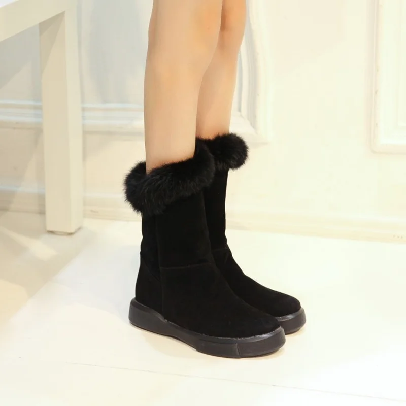 EGONERY/зимние сапоги женская обувь зимние теплые сапоги до середины икры на низком каблуке с круглым носком Повседневная обувь с натуральным мехом