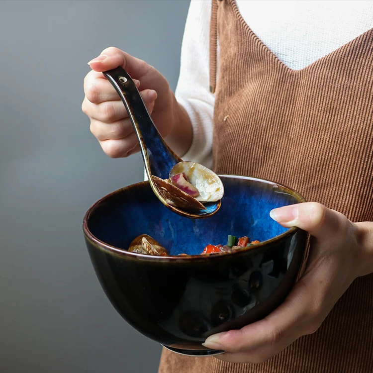 Японская голубая керамическая ложка для печи, рисовая ложка, глазурь, цветная безопасная десертный ужин, ложка