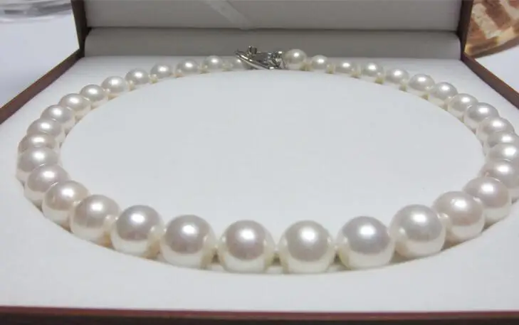 

12-14 MM nature south sea round white pearl necklace 925silver clasp