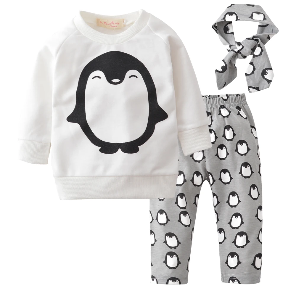 Одежда для маленьких девочек; комплект одежды для новорожденных; топы с длинными рукавами и принтом пингвина; штаны и повязка на голову; комплект одежды из 3 предметов для малышей