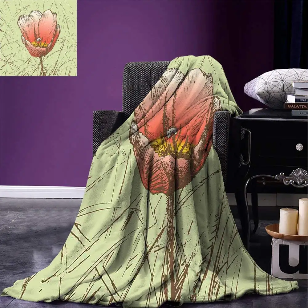 

Tulip Throw Blanket Grunge Style Background with Romantic Flower Hand Drawn Nature Sketch Warm Microfiber