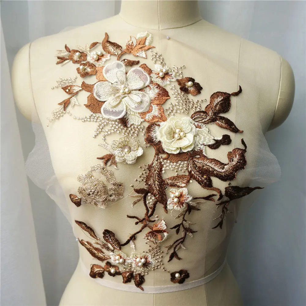

Brown 3D Flowers Beads Rhinestones Appliques Embroidered Wedding Gown Decoration Mesh Trims Fabric Sew On Patch For Dress DIY