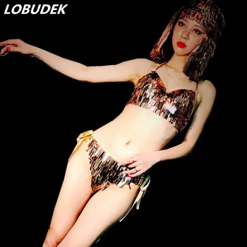 

Gold Sequins Sparkly Bikini Female Costume Nightclub DJ singer pole dance stage outfit Dancer Model Catwalk sexy performance