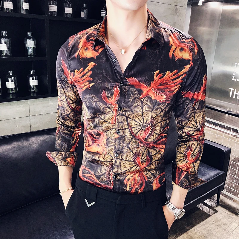 Популярная мужская рубашка с принтом, с длинным рукавом, DJ Clubt, рубашка, мужская, на пуговицах, повседневная, Корейская, модные просторные рубашки, Masculina Camicia Uomo