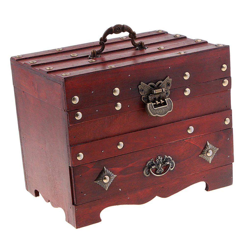 Vintage Wooden Jewelry Box with Mirror and Lock - Storage Rings Trinket Case Organizer Case - 2 Layer Retro Style Hand Carving