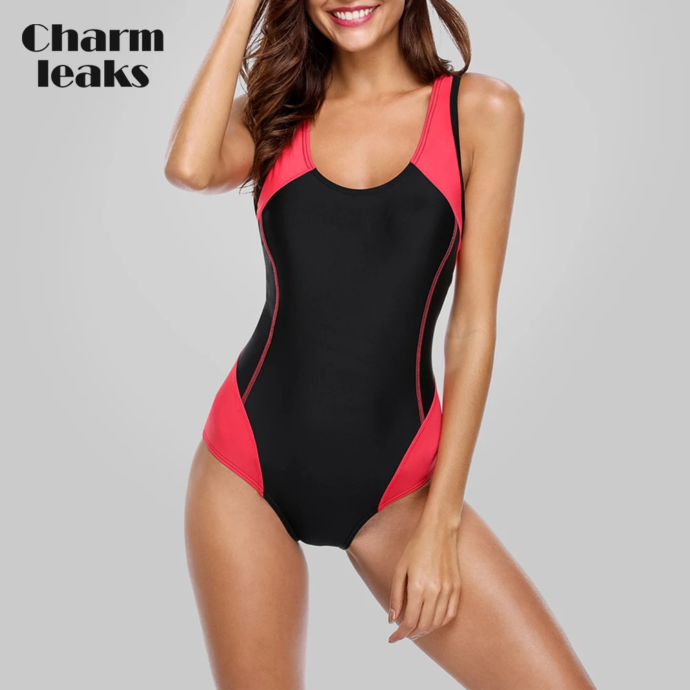 Charmleaks One Piece Women Sports Swimwear Sports Swimsuit Patchwork Competition Swimwear Backless Beachwear Bathing Suits