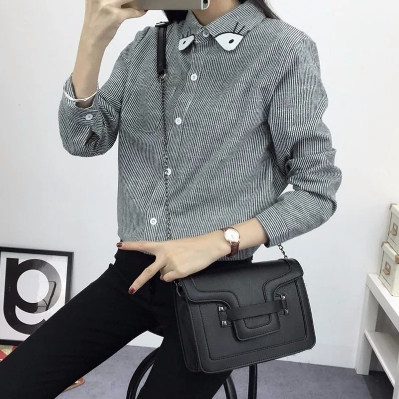 2016 New Spring and Autumn Womens Shirt Blouse Cat Embroidery Long Sleeve Women Shirts Casual Tops Size M-XL18