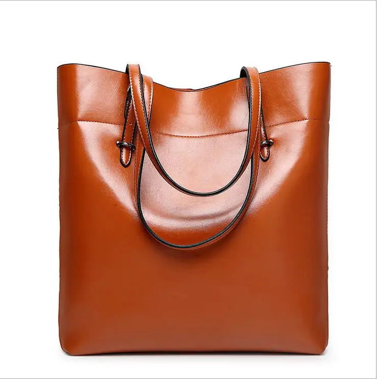 

New 2016 Oil Wax Leather Women Shoulder Bag Casual Tote Women Bag Solid Women Handbag Simple Large Capacity Tote