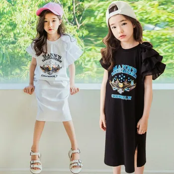 

2019 Summer Big Children's Clothing Girls Cotton Aline Dress Elastic Kids Casual Clothes Pattern Ruffle Design Dress For 4-16Yrs