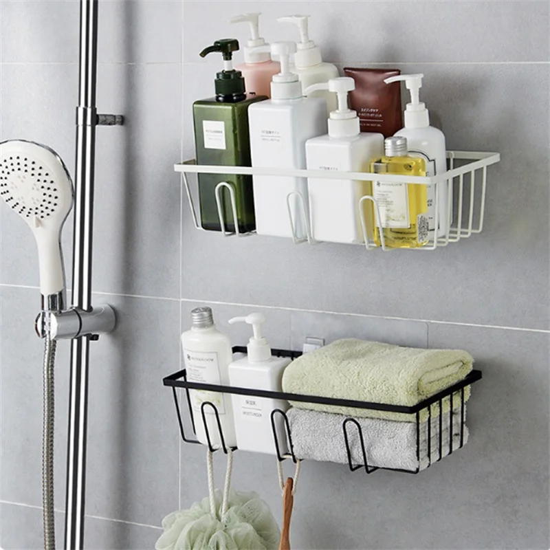 

Metal Holder Bathroom Suction Shelf Shower Storage Rack For Wall Shampoo Holder Basket With Hooks Towel Organizer Hanging
