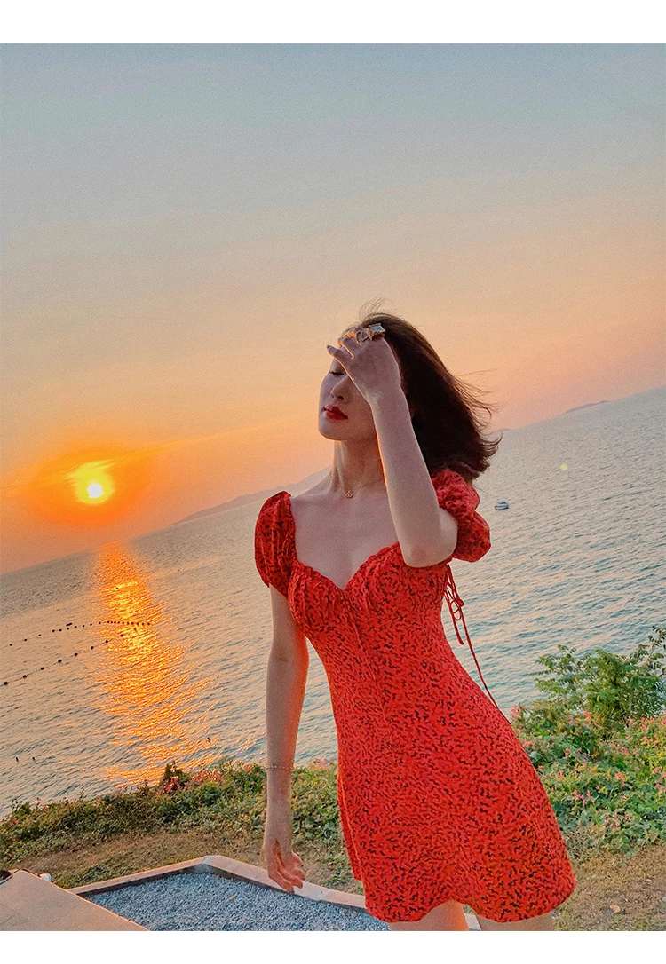 Летнее красное кавайное богемное мини-платье, женское винтажное платье, элегантное платье с пышными рукавами и квадратным вырезом, повседневные пляжные платья для вечеринок, корейские платья