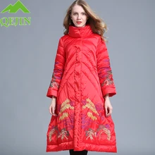 Qejins пуховик зимний пуховик женский теплый утиный пух Верхняя одежда утолщенная Женская мода горный вышитый А-силуэт пальто