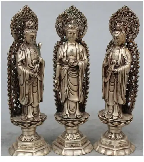 

3pc set HANDWORK UNIQUE SILVER COPPER ELEPHANT 8" Chinese Silver Western Shakyamuni Kwan-yin Guanyin Buddha 3 God Set Statue