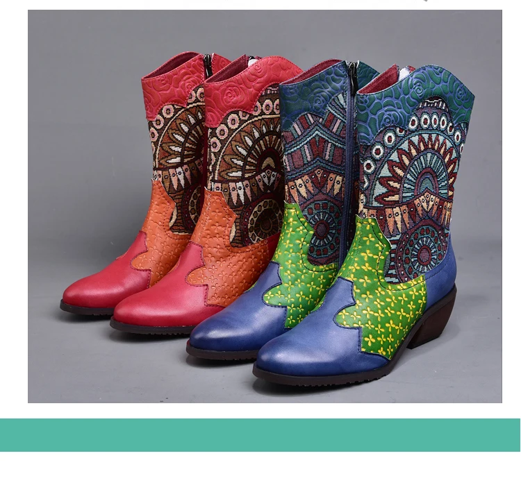 Дизайн; коллекция года; сезон осень-зима; новые ботинки до середины икры; Женская обувь в богемном стиле из натуральной кожи; ботинки в стиле ретро с круглым носком