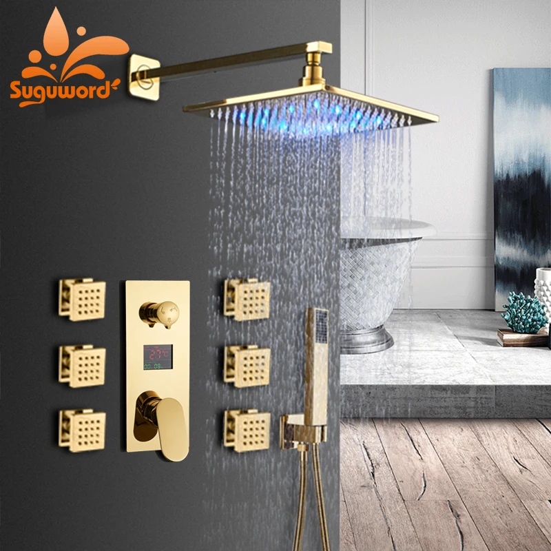 

Golden Concealed Shower Set Hot Cold Switch Shower System Mixer Taps LED brass shower head with 6pcs massages