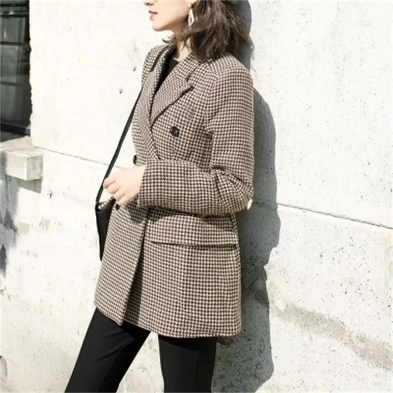 New Plaid Blazers Women Ladies Long Sleeve Plaid woolen small suit jacket female retro loose spring and autumn long suit women