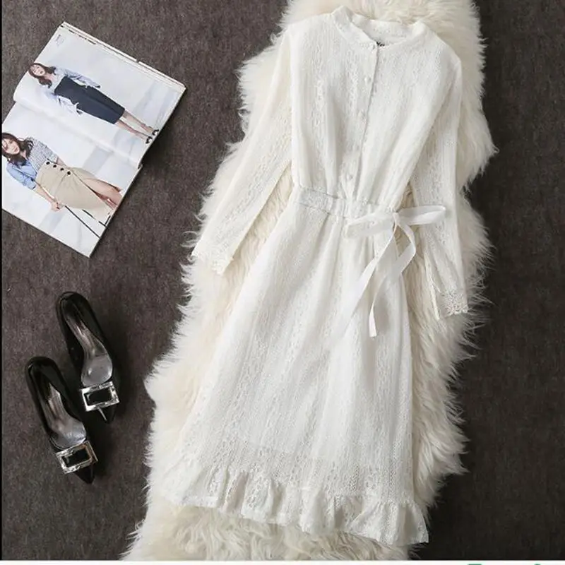 

2018 Arrival HIGH QUALITY Spring Autumn O Neck Lace Dress Women Fashion slim Long sleeve Retro Noble Party Dress Vestidos CM050