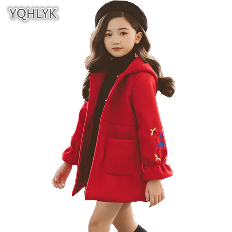 

Children's autumn winter girls woolen coat Korean thickening hooded flower girl coat long Slim kids Parkas Outerwear LK173