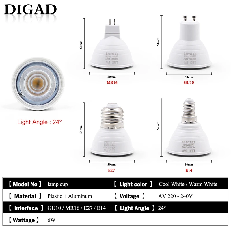 DIGAD E27 E14 MR16 GU5.3 GU10 Lampada LED Bombilla 6 W 220 V Bombillas LED de la lámpara del proyector de lámpara de la luz del punto bombilla led luces para el hogar