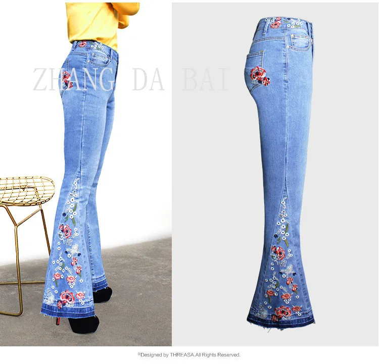 Европейский и американский для женщин новые джинсовые широкие брюки деним женские брюки клёш вышитые мотобрюки повседневное Высокая