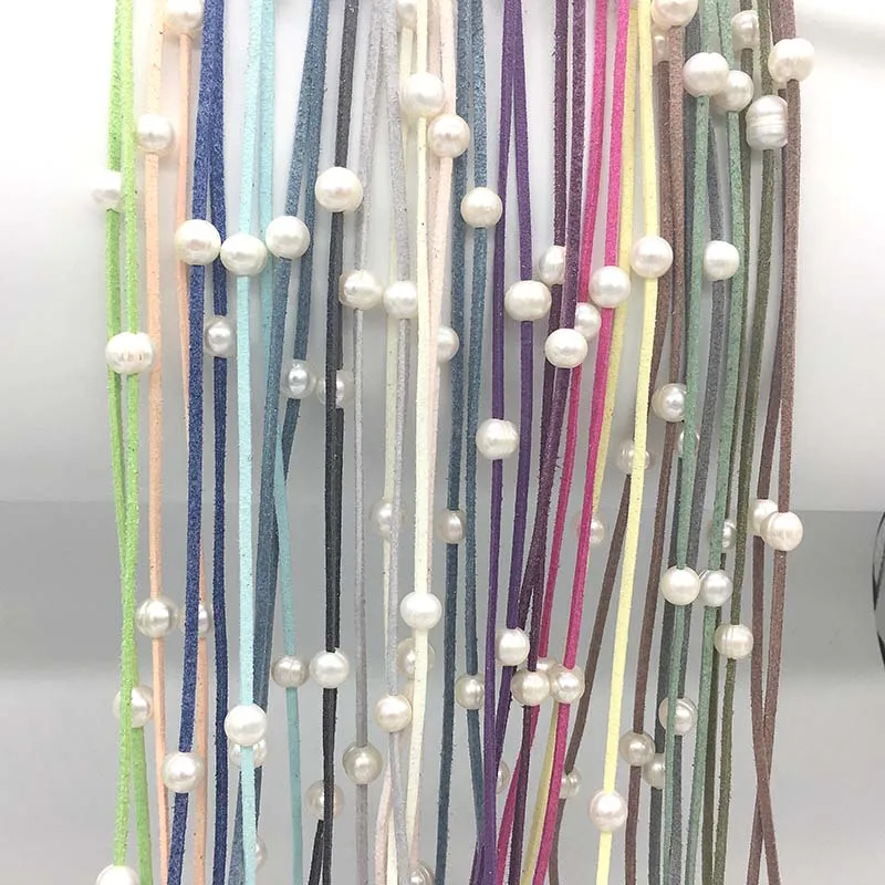 

LJHMY One String White Freshwater Pearl Lariat Suede Rope Chain Necklace Long Wrap No Clasp