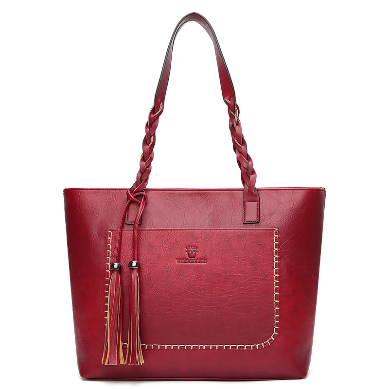 

Fashion Women's Leather Handbags ladies Waterproof Shoulder Bag Retro Tote Bags With Tassel Decoration