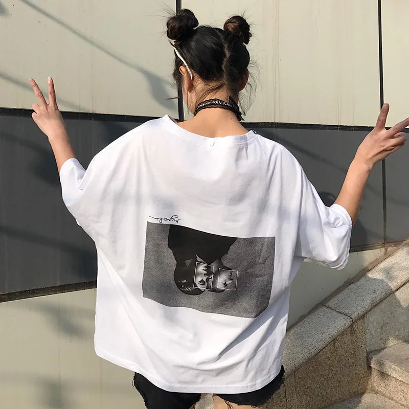 

Back Printed Women Short Sleeve T-Shirt O Neck Letter Simple Casual White T-Shirt Loose Tshirt camiseta mujer 2019 Korean Style