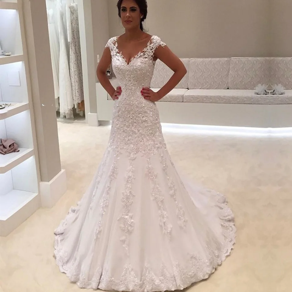 Robe de mariage сексуальное кружевное свадебное платье русалки с v-образным вырезом и короткими рукавами Дешевые Свадебные платья на заказ Vestido de Noiva