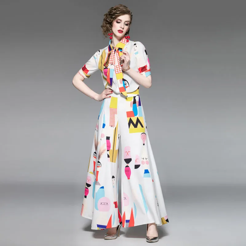 

Runway New Fashion High Quality 2019 Summer Party Workplace Sexy Cartoon Print Top Loose Pants Vintage Elegant Chic Women'S Sets