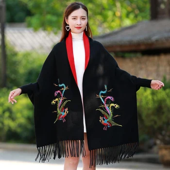 

Chinese Women Winter New Shawl With Sleeve Poncho All-Match Scarf Wrap Thick Warm Tassels Cloke Women's Double Phoenix Cape