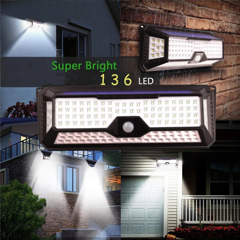 

Outdoor Night Light Motion Sensor 136 LED Solar Power Lamp Waterproof 3 Modes Wall Lamp for Porch Garden Street Auto Security