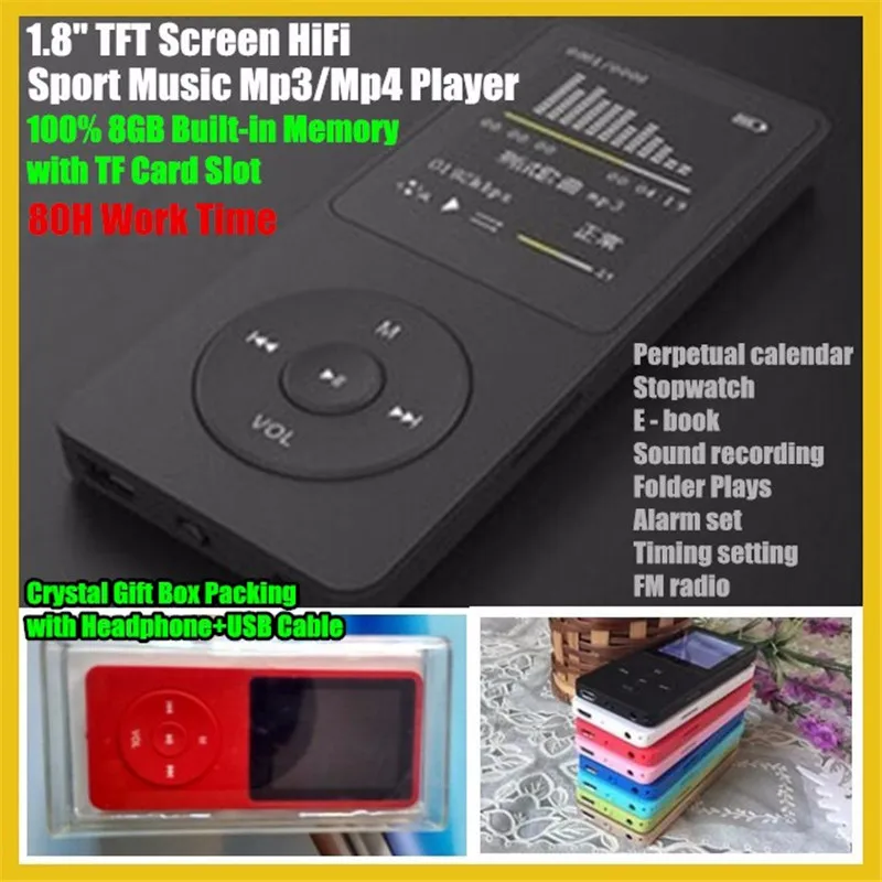 1," TFT экран 8 Гб HiFi спортивный музыкальный MP3-плеер с TF/SD слотом для карт, FM, рекордер, наушники+ USB кабель+ Хрустальная коробка, 80 ч рабочее время