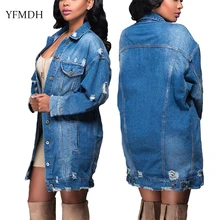 Весна Осень Новые модные джинсовые куртки для женщин с длинным рукавом стрейч отверстие верхняя одежда свободные женские повседневные классические джинсовые пальто