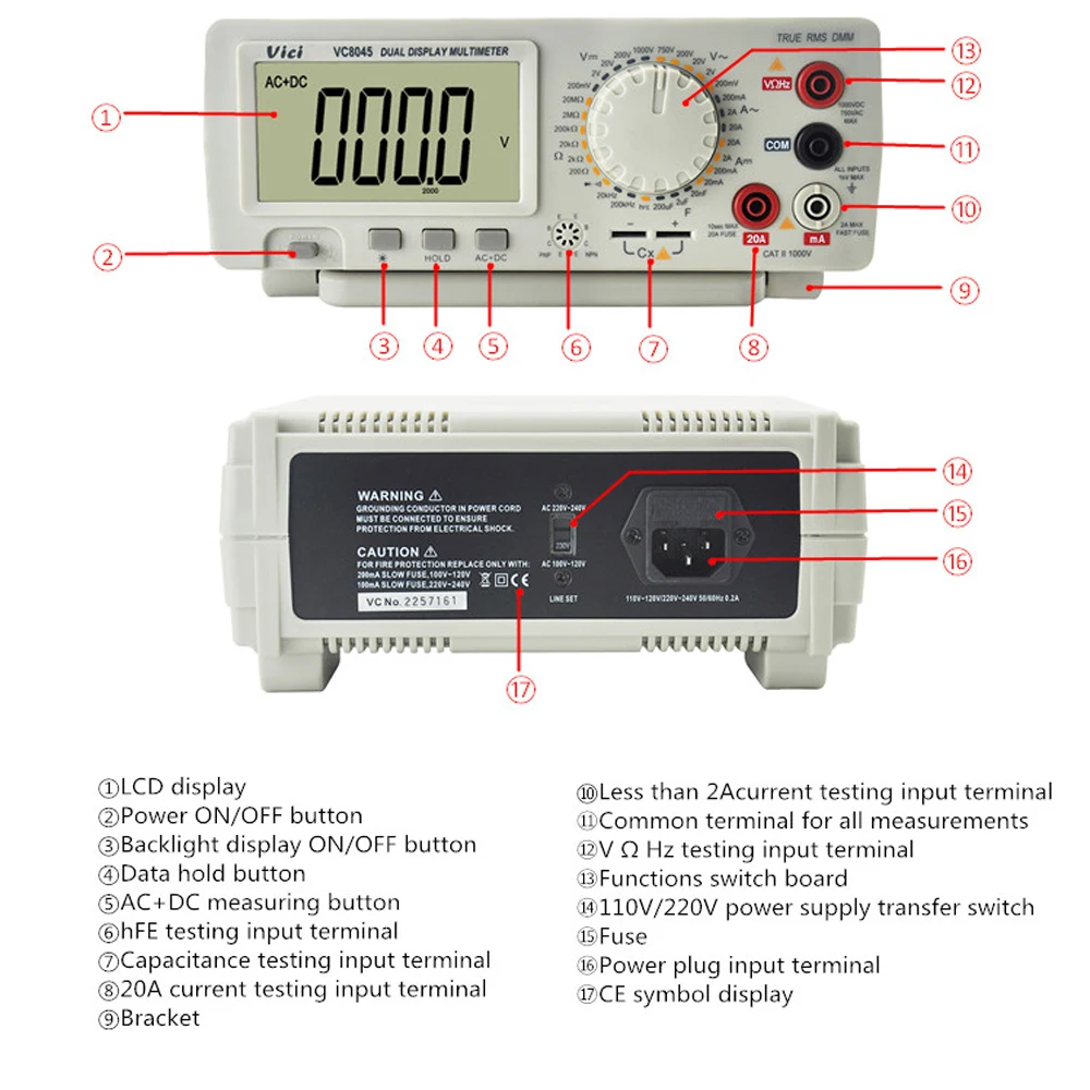 VC8145 VC8045 Настольный верхний мультиметр 1000 в 20A Цифровой мультиметр автоматический диапазон Multimetro Цифровой вольтметр Ом DCV/ACV/DCA/ACA