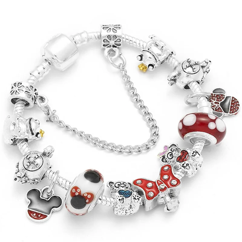 Boosbiy Dropshipping Cute Mickey Minnie Charm Bracelet For Women Kids With Silver Snake Chain Brand Bracelet Christmas Jewelry