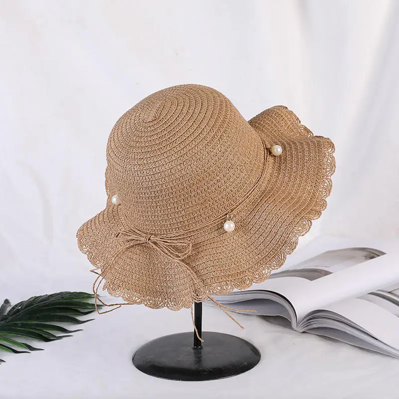

3-8 Year-Old Princess Kid Bow Floppy Straw Hat Jellery Pearl Ribbon Beach Suncreen Visor Cap Girl Packable Ruffles Sun Hat YY147
