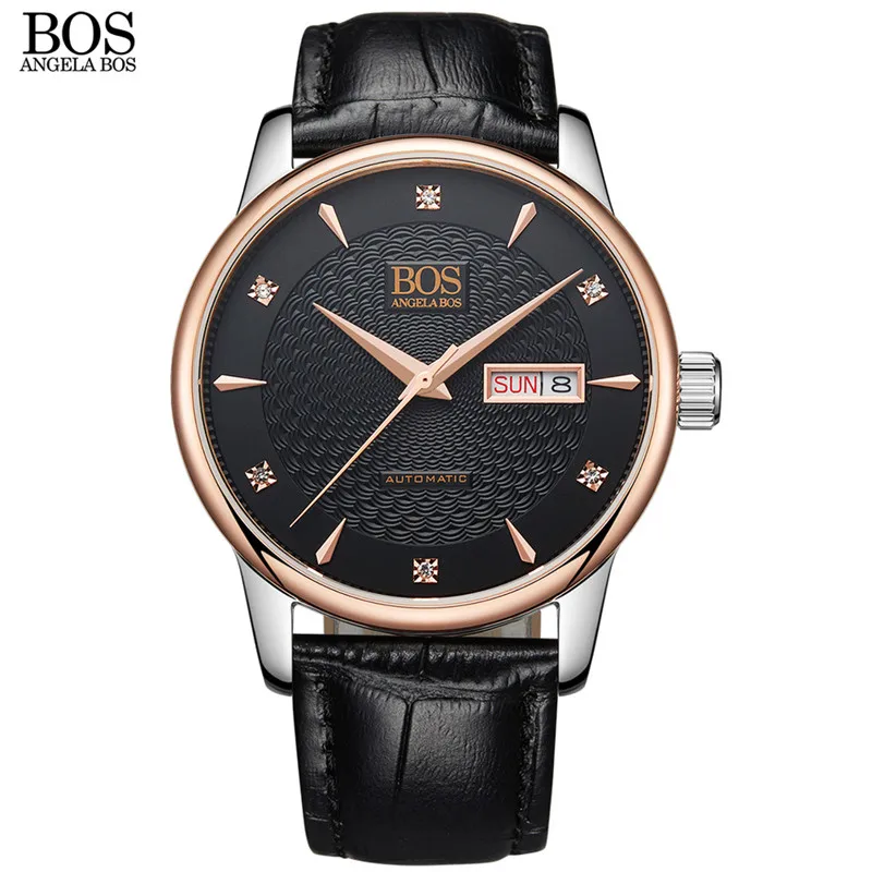 

ANGELA BOS Self Wind Automatic Wristwatch Business Mechanical Watch Men Sapphire Wavy Pattern Genuine Leather Luxury Watches