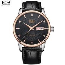 ANGELA BOS Self Wind Automatic Wristwatch Business Mechanical Watch Men Sapphire Wavy Pattern Genuine Leather Luxury Watches