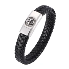 Fashion Stainless Steel Chain Black Leather Bracelet Punk Male Braid Jewelry for Men Buddha Bracelet& Bangle BB0316 vnox punk biker chain stainless steel bracelet for men bangle engraved cross bible religion christ prayer male jewelry
