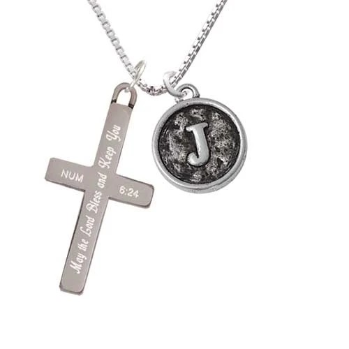 Antiqued Round Seal - Initial - J - - Bless and Keep You - Cross Necklace (1)