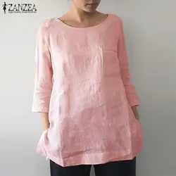 2019 ZANZEA Повседневная хлопковая блузка с круглым вырезом Женская однотонная свободная туника с рукавом 3/4 топы летние винтажные вечерние