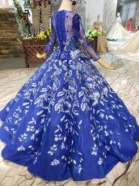 HTL196 blue muslim prom dresses floor length o-neck long tulle sleeves swollen pleat evening dresses free shipping 2020 newest 2