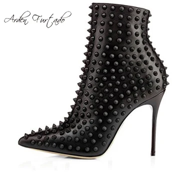 

2019 spring Fashion stilettos heels 12cm women's shoes zipper pointed toe mature red big size ladies sexy rivets ankle boots 45