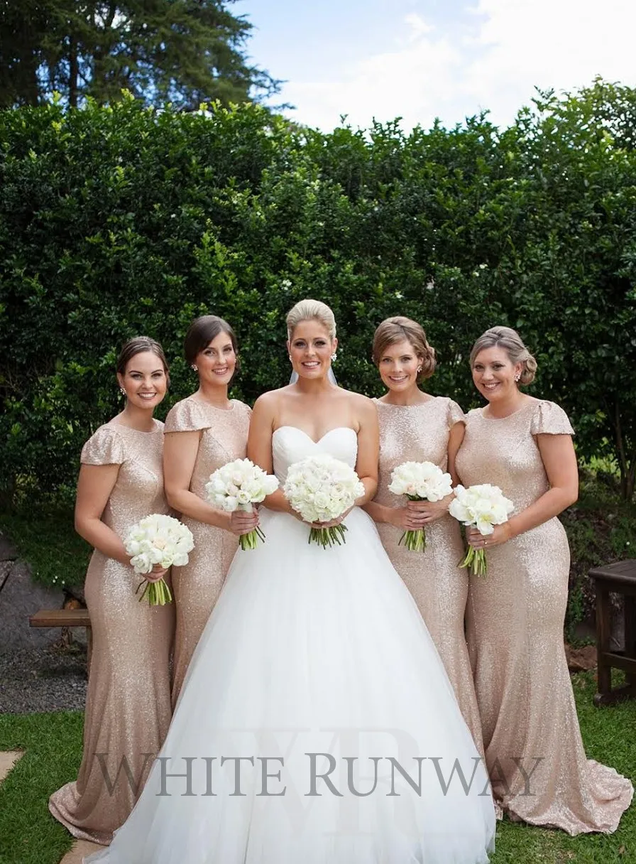 Wedding Sequin Bridesmaid Dresses online buy wholesale gold sequin bridesmaid dress with sleeves floor length short cap elegant wedding guest dresses custom made