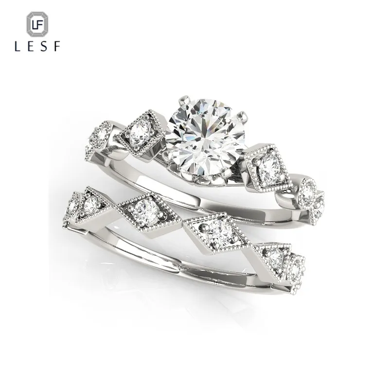 

LESF Unique Design Jewelry For Women 2Pcs Solid 925 Sterling Silver Wedding Ring Set Engagement Band Gift High-end custom