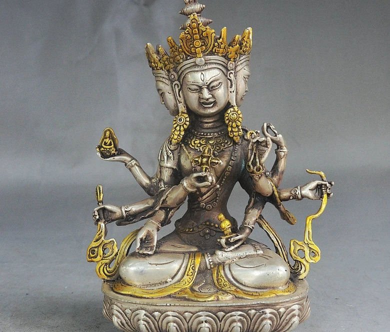 

8" Tibet Buddhism Silver Gilt 3 Head Namgyalma & Ushnishavijaya Buddha Statue