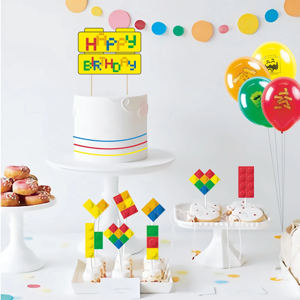 

Set of 9 Building Block Brick Theme Cupcake Topper Kit Happy Birthday Cake Topper Baby Boy First Birthday Party Decorations